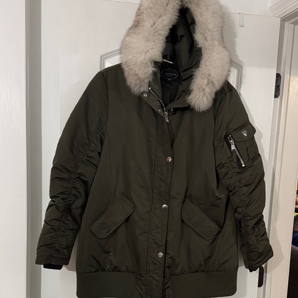 1 Madison Olive Puffer Jacket with Faux Fur Hood